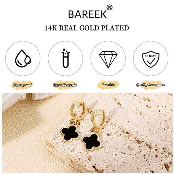 Four Leaf Clover Earrings Hoop Dangle 14K Gold Clover Earrings Non Tarnish Black - Picture 8 of 11